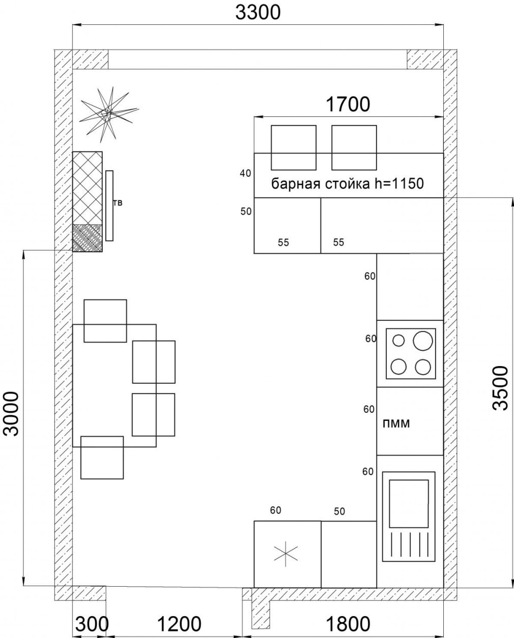 Планировка кухни с барной стойкой и диваном