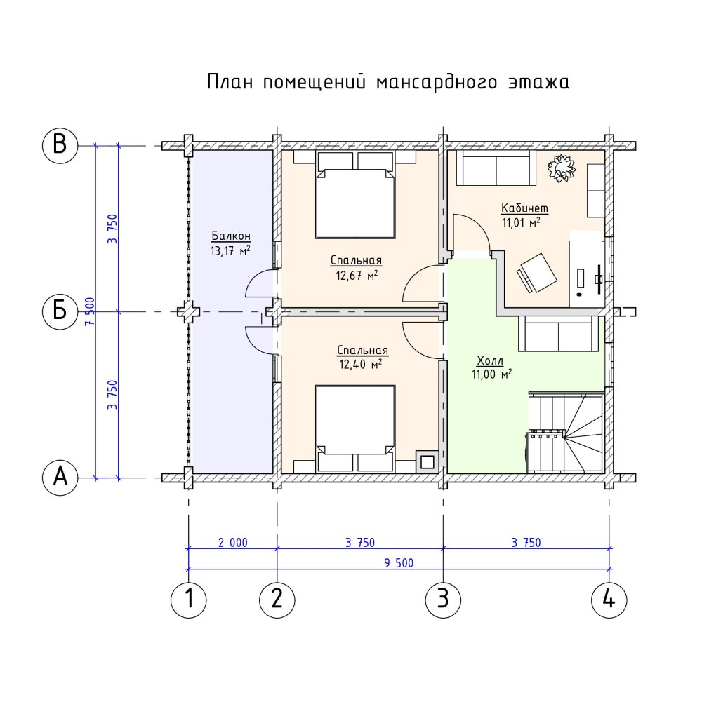 План мансардного этажа чертеж