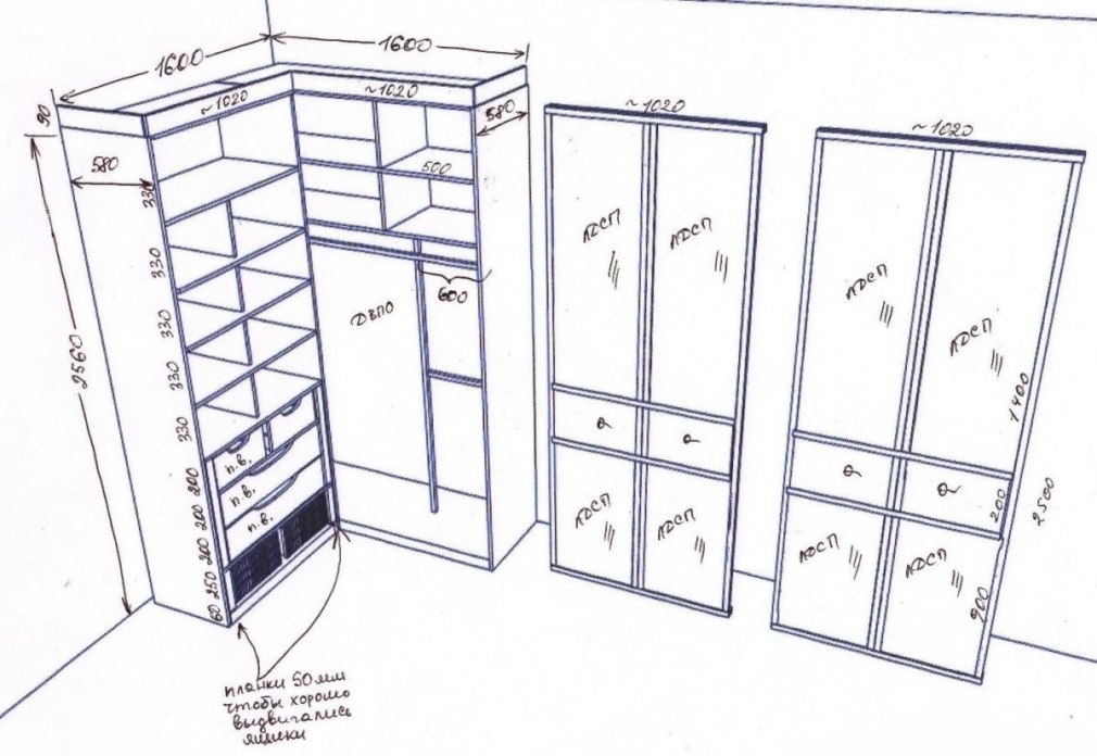 Угловой шкаф распашной с прямым углом чертеж