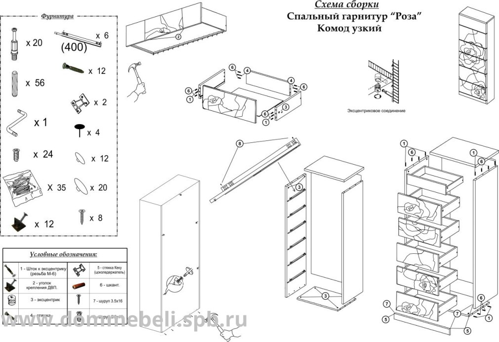 Схема сборки комода 5 ящиков Вега к-01габариты 750-1120-417