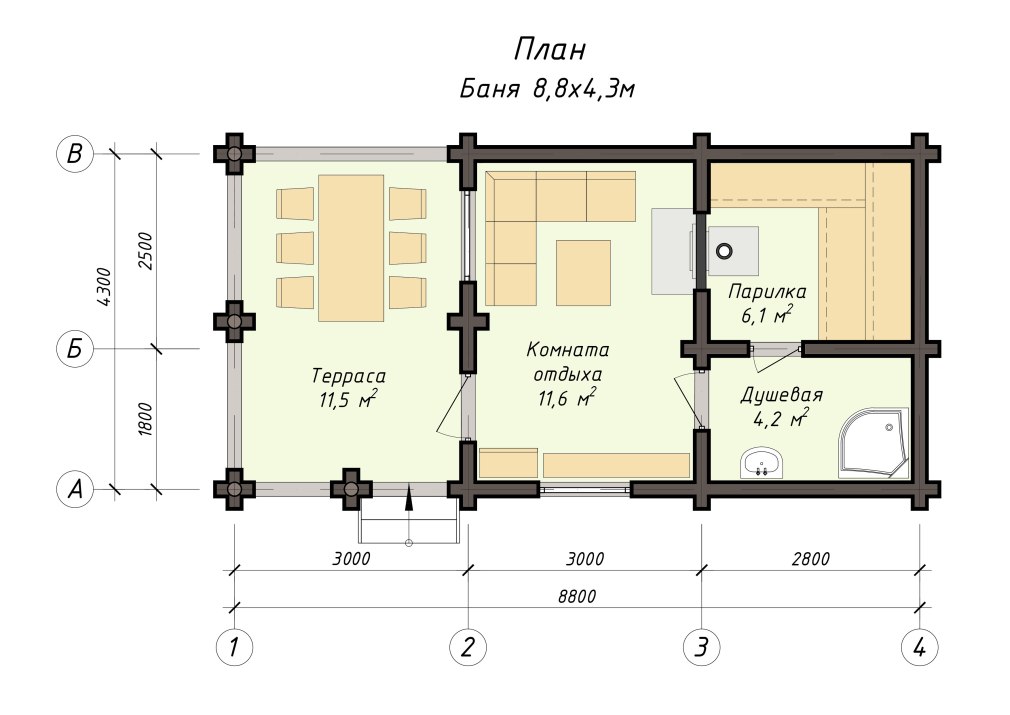 Баня из бруса 6 x 9 м цена под ключ в Новосибирске проект Б-4