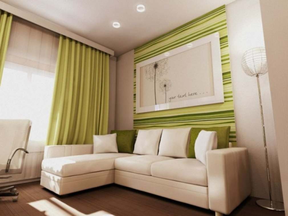 Гостиная с зелеными шторами и коричневым диваном (84 фото)