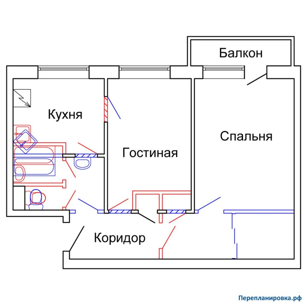 Перепланировка двухкомнатной квартиры 1-515/9