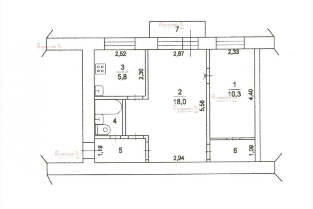 Планировка 2х комнатной квартиры 44м2 с размерами