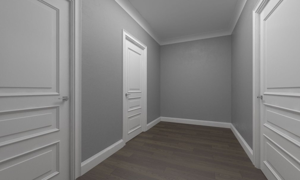 Интерьер с серыми стенами и белыми дверьми (71 фото)