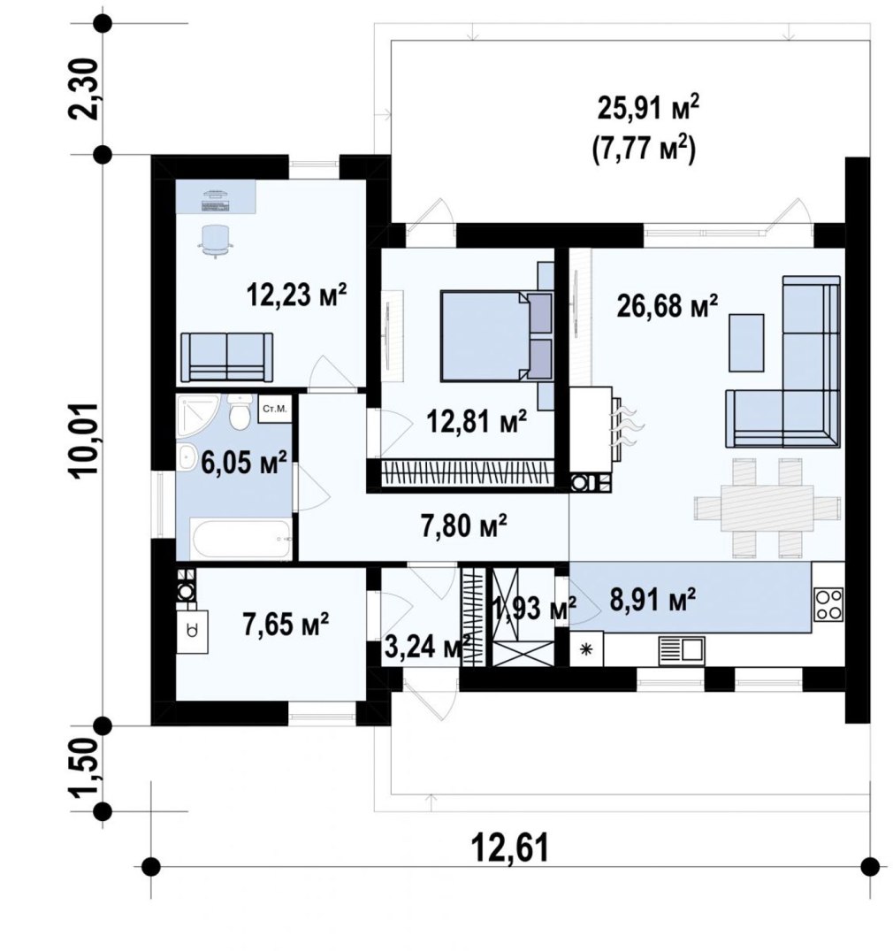 План маленького одноэтажного дома с одной спальней (66 фото)