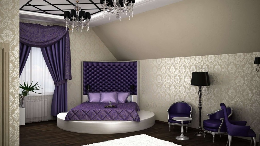 Спальня с фиолетовой кроватью (77 фото)